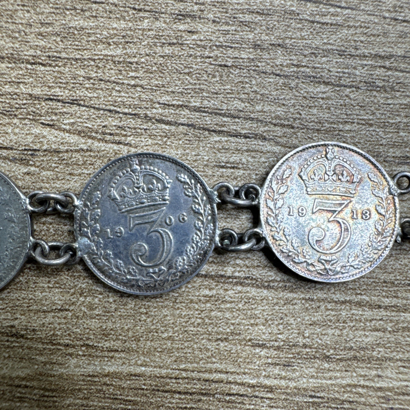 Antique British 3 Pence Sterling Silver 8 Coin Bracelet 1906 – 1921 King George