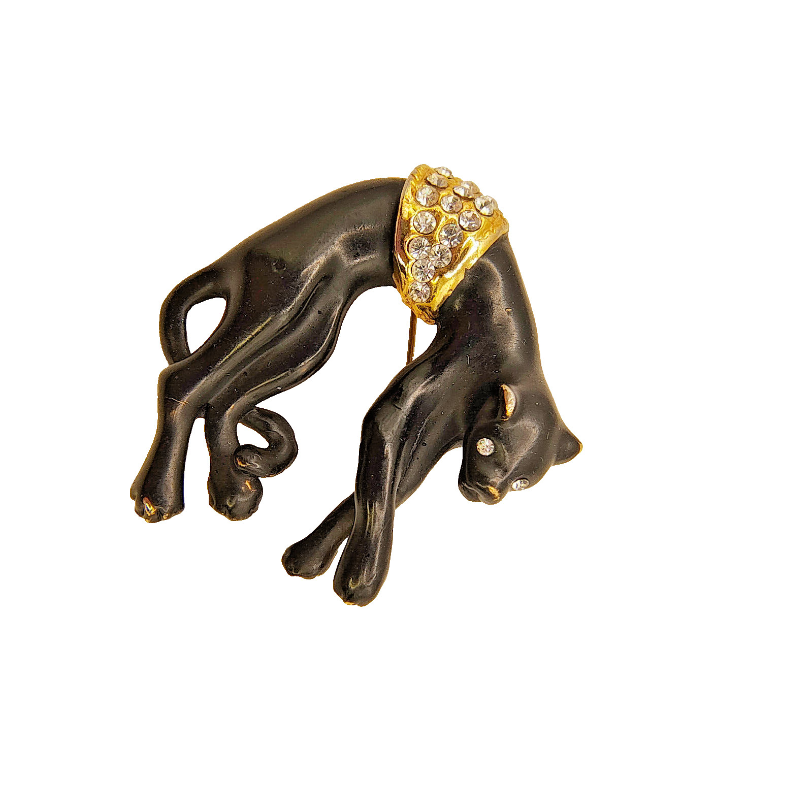 Vintage Black Panther Brooch Pin Enamel Gold Tone White Rhinestone Puma Jaguar