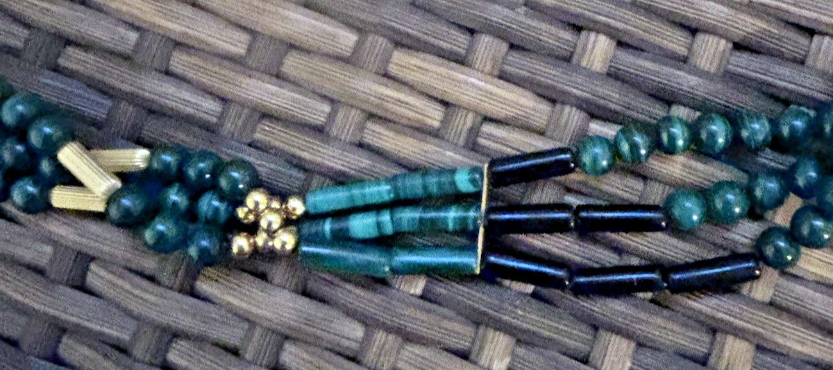 Vintage Malachite Triple Strand Beaded Necklace With Gold Bead Accents And Bars