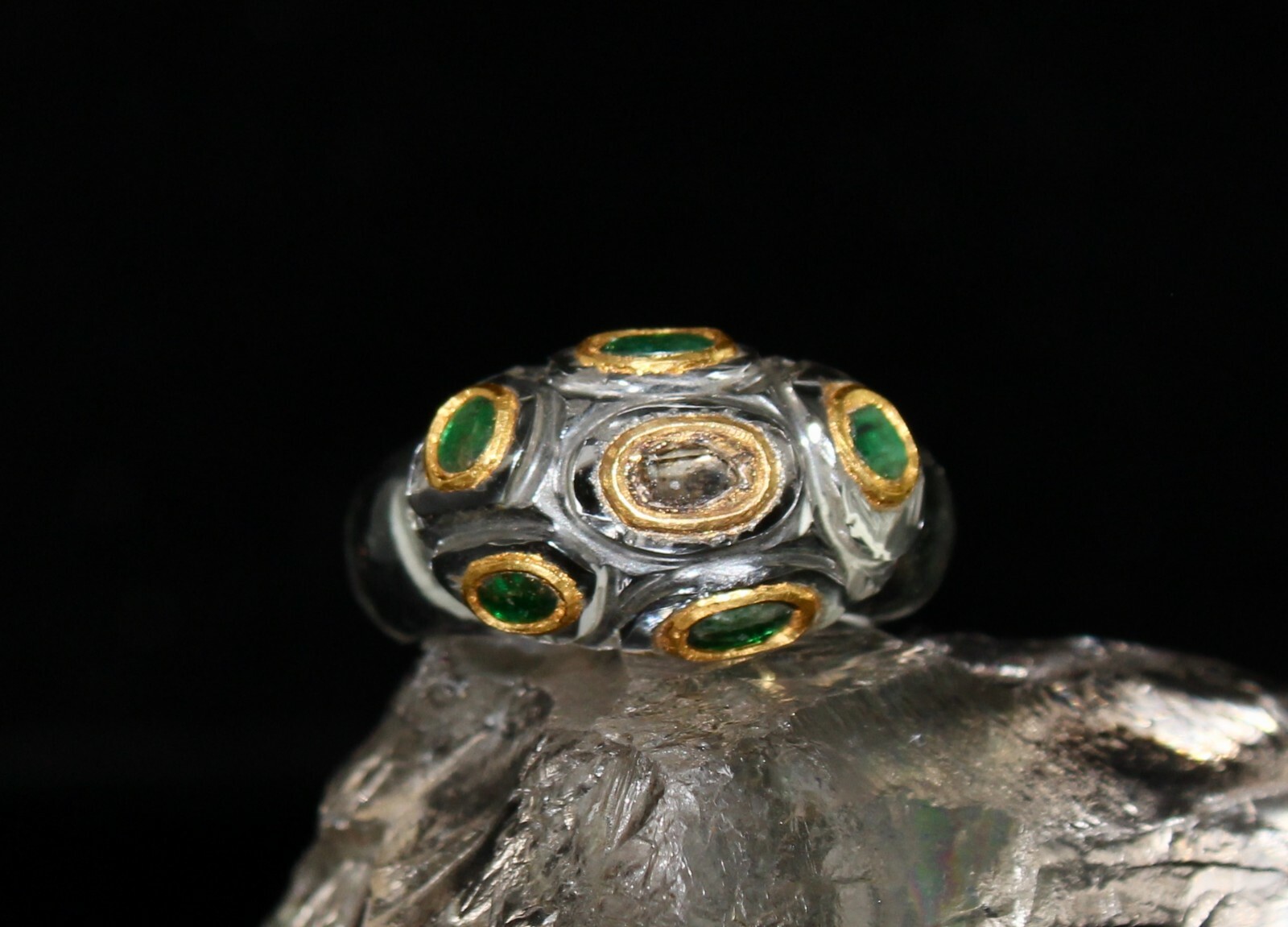 Natural Diamond Crystal Quartz Emerald 22k Gold Ethnic Ring 10ct Fashion Women