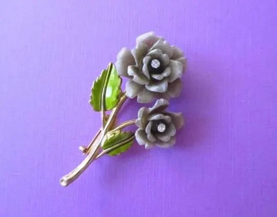 Vintage Celluloid Rose Pin Light Grey Floral with Rhinestones