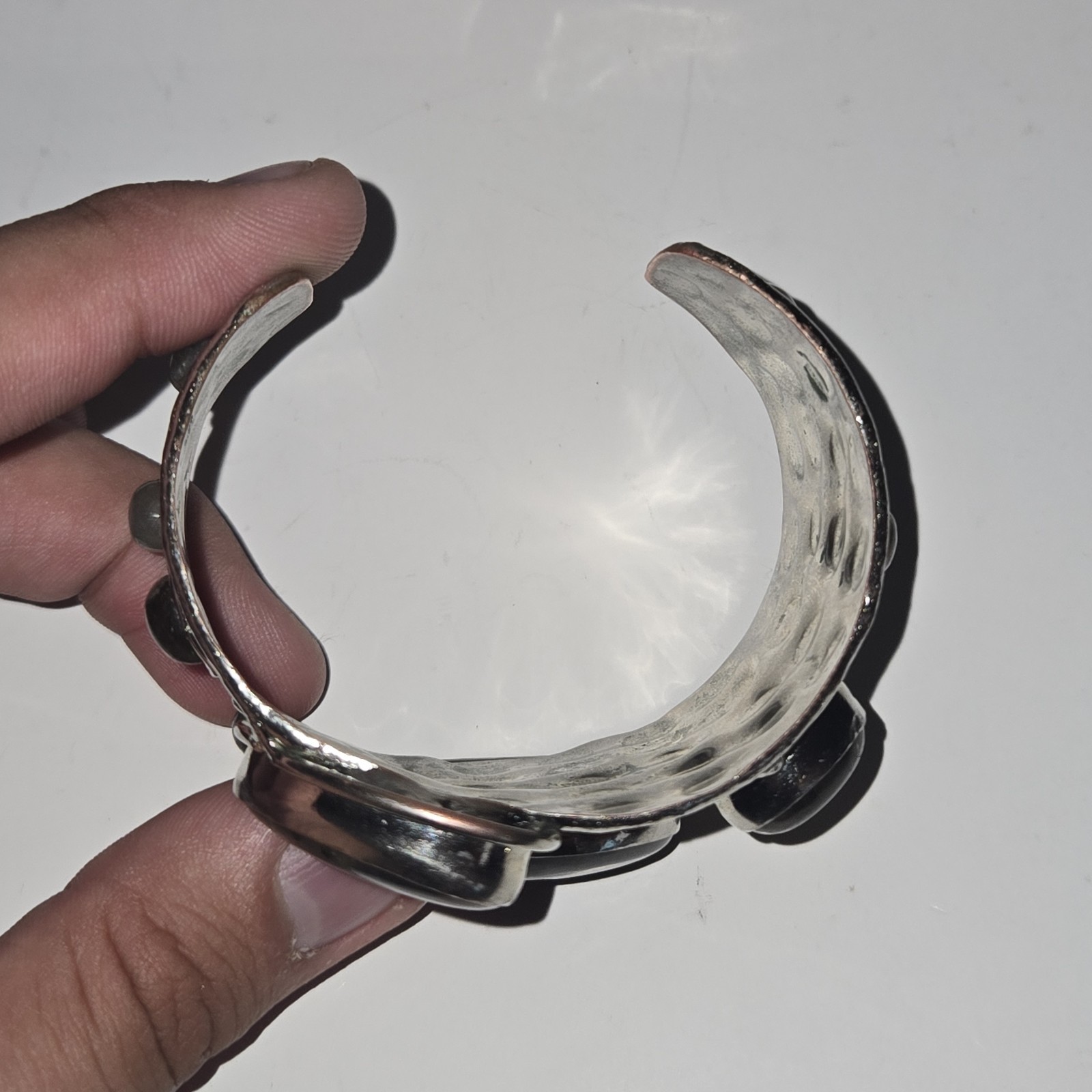 Vtg Metal Cuff Bracelet Labradorite Stones Brutalist Art Adjustable Bold Design
