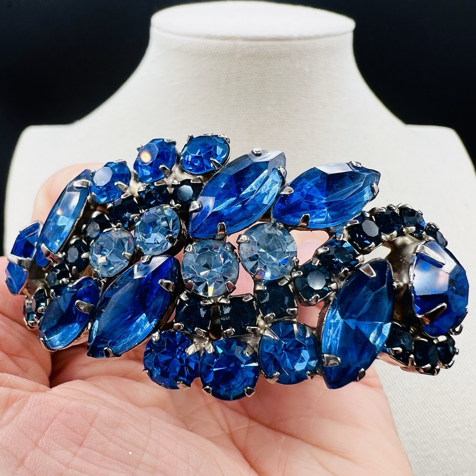 Vintage Blue Navette Rhinestone Hinged Bangle Bracelet SilverTone Statement Glam