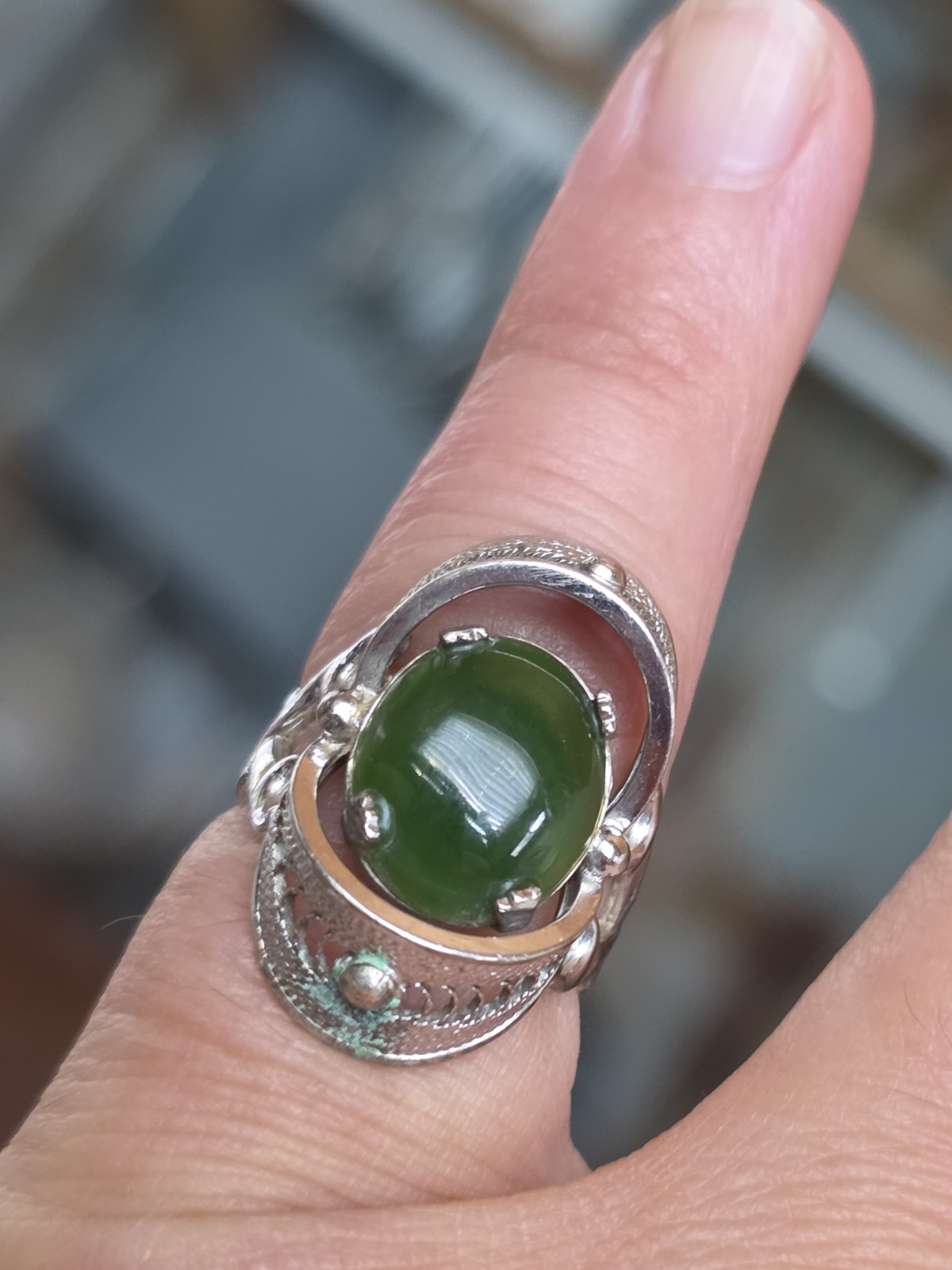 Vintage Beautiful Unusual Ornate Jade Ring Size 4.75
