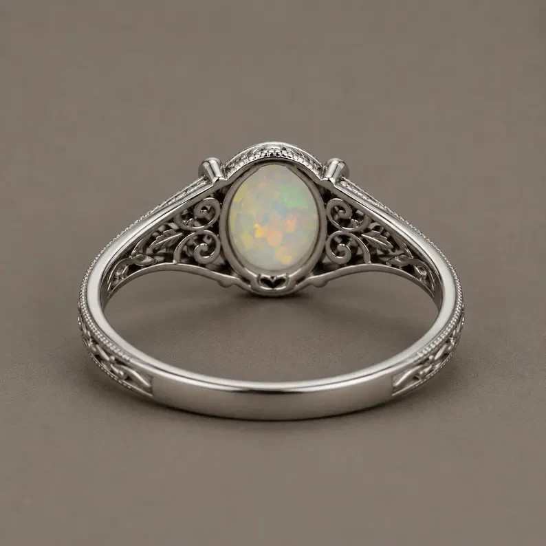 Natural Ethiopian Opal Ring Vintage Filigree Ring 925 Sterling Silver Oval Opal