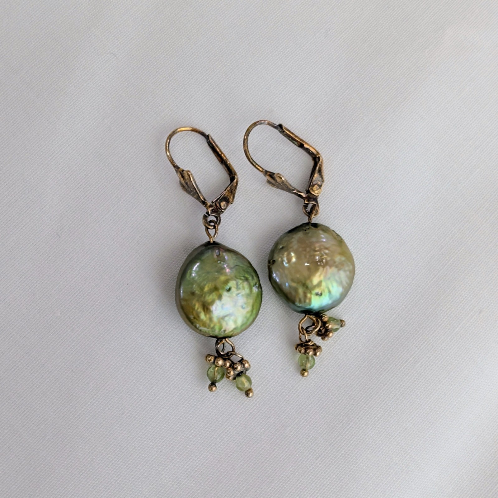 Vintage Mossy Green Button Freshwater Pearl Drop Earrings, Mark Unknown Untested
