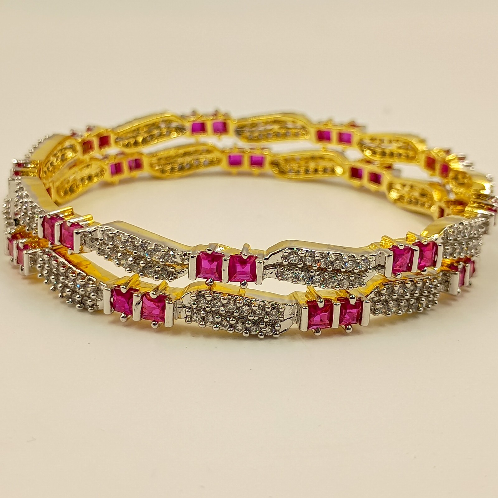 Designer Ruby & Cubic Zirconia Bangle Set Handmade 22K Gold Plated Ethnic Style