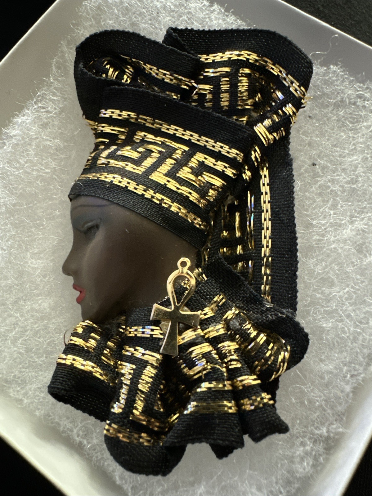 Vintage Signed Jaretta African American Lady Brooch Pin Black Gold Gele Headwrap