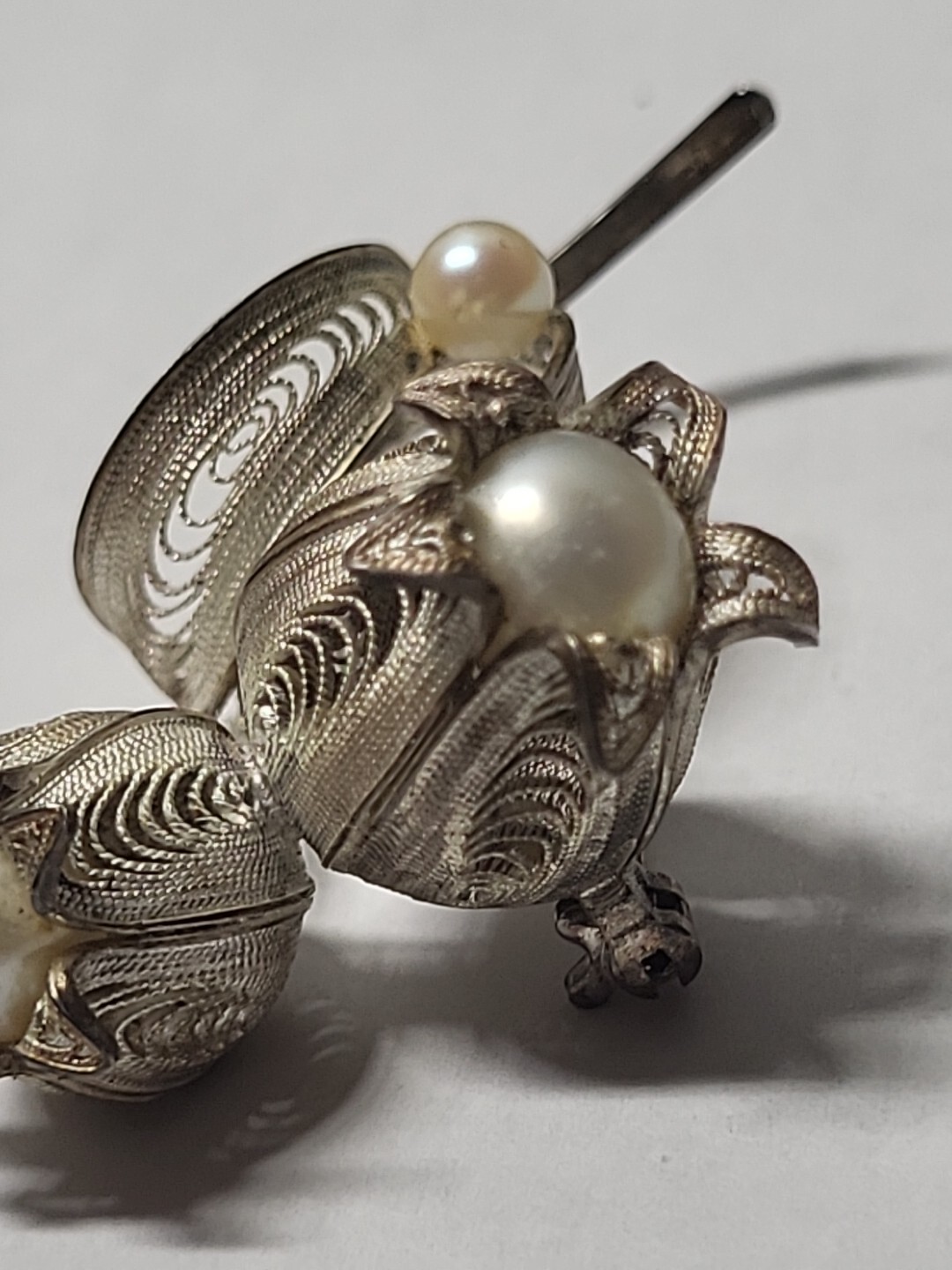 Sterling Silver Filigree Flower Vintage Japanese Akoya Cultured Pearl Brooch
