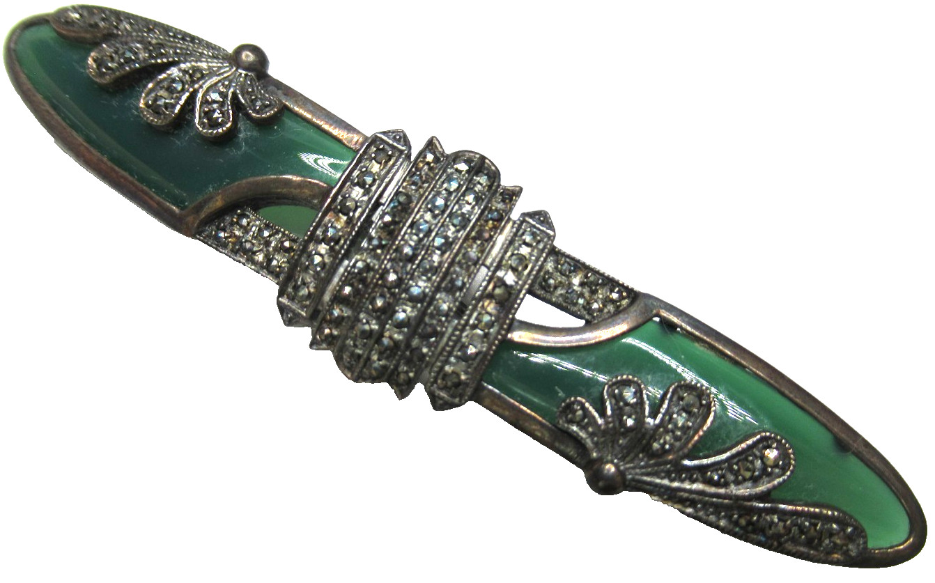 HEIRLOOM 73 Vintage Creations Sterling Silver 925 Marcasite Green Glass Brooch