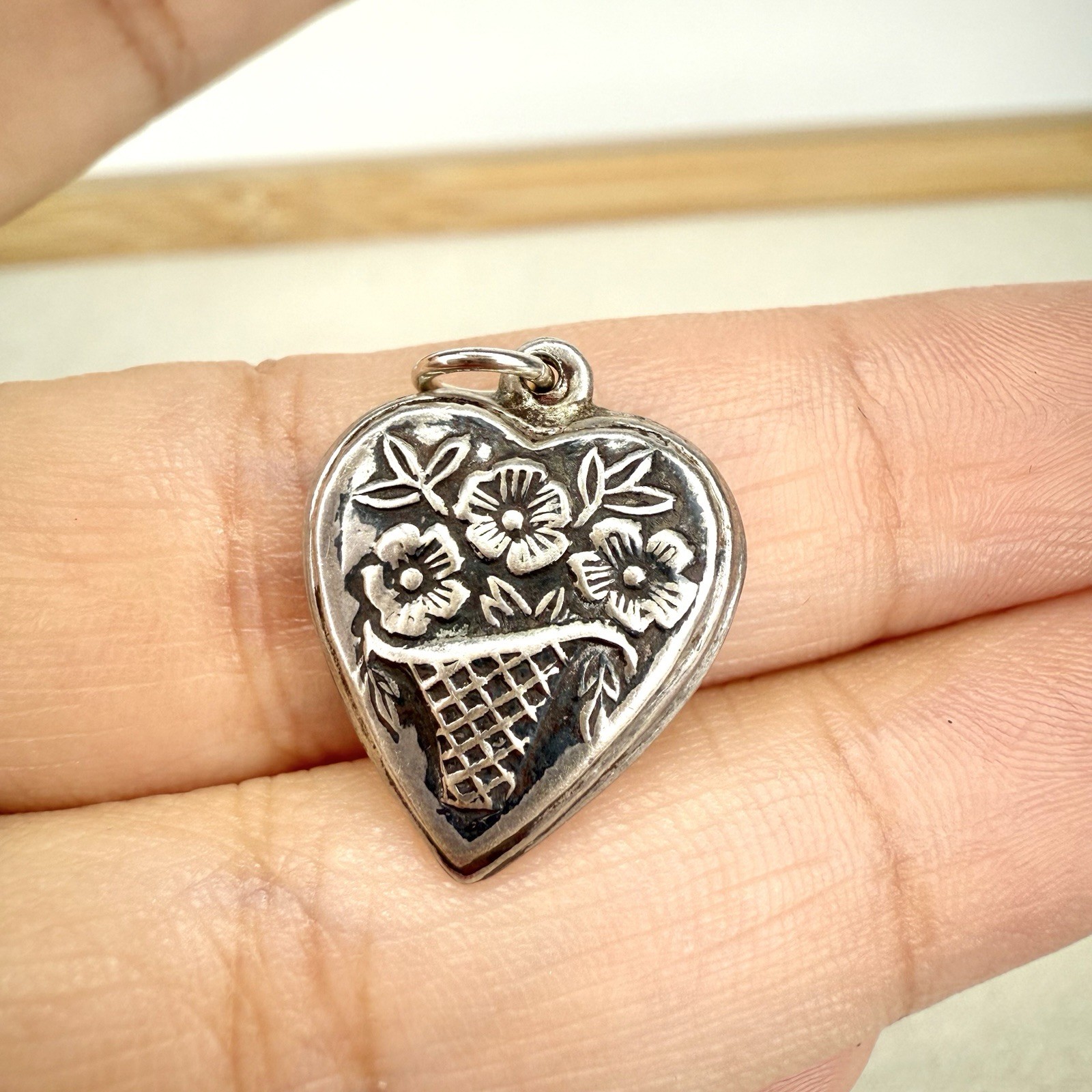 Vintage Flower Bouquet Puffy Heart Charm 925 Sterling Silver 1940s Basket Floral