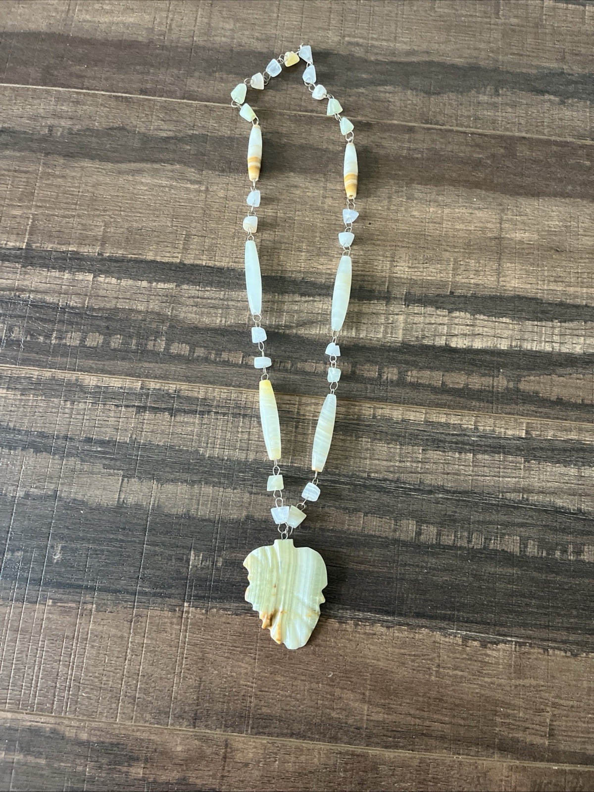 Vintage Carved Alabaster Stone Tribal Pendant Necklace
