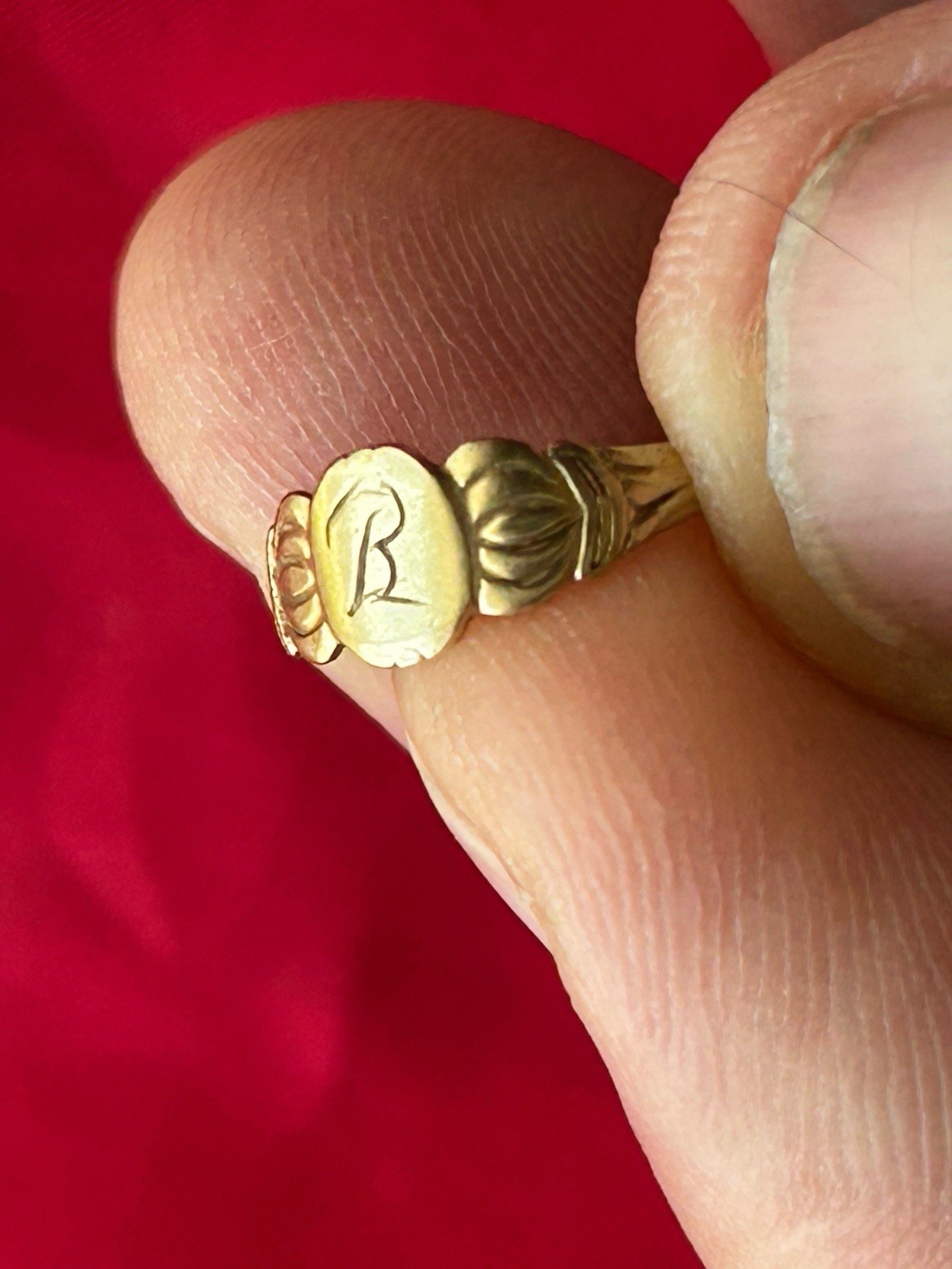 Vintage Art Deco 10K Yellow Gold Signet Baby Ring Size 0.75 Monogram B, 0.7 Gram
