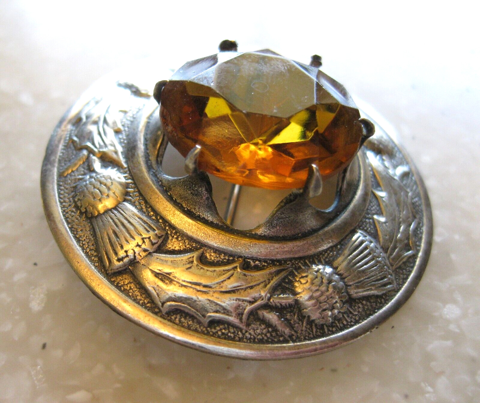 Antique Celtic Scottish Thistle Kilt Pin Brooch Citrine / Made in Great Britain