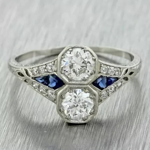 Art Deco Round Cut Lab Created Diamond Sapphire 14Ct White Gold FN Wedding Ring