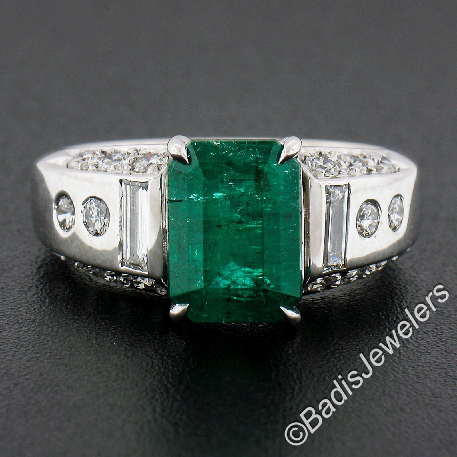 Platinum 3.67ctw GIA Octagonal Green Emerald w/ Baguette & Round Diamond Ring