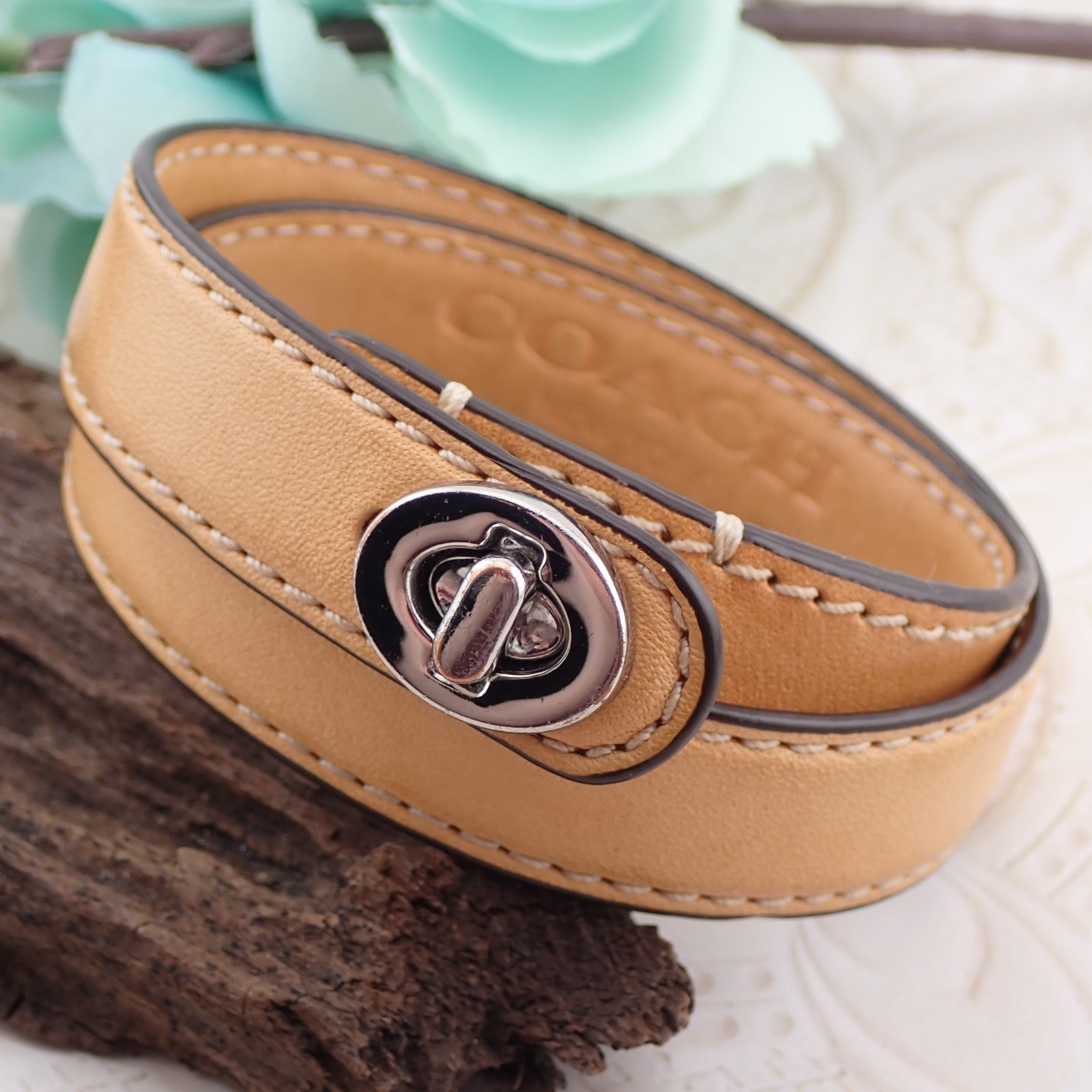 1990’s Coach Tan Leather Turnlock Double Wrap Bracelet