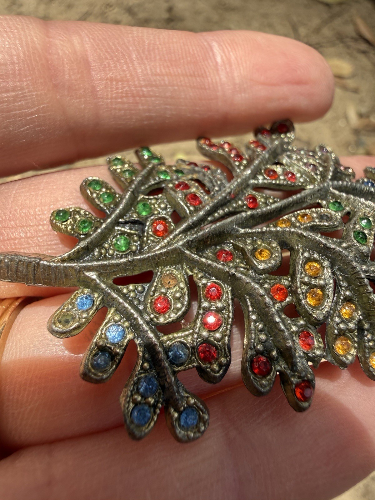 Little Nemo Brooch Leaf Rhinestones Red Blue Green Yellow Silver Tone 2.75”