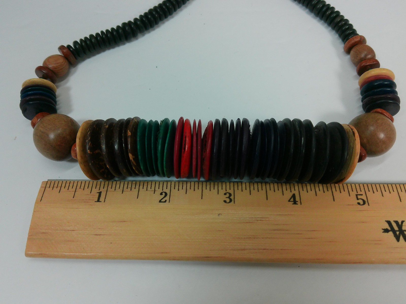 Vtg Chunky African Nut Wood Seed Disk Colorful Beaded Ethnic Choker 17″ Necklace