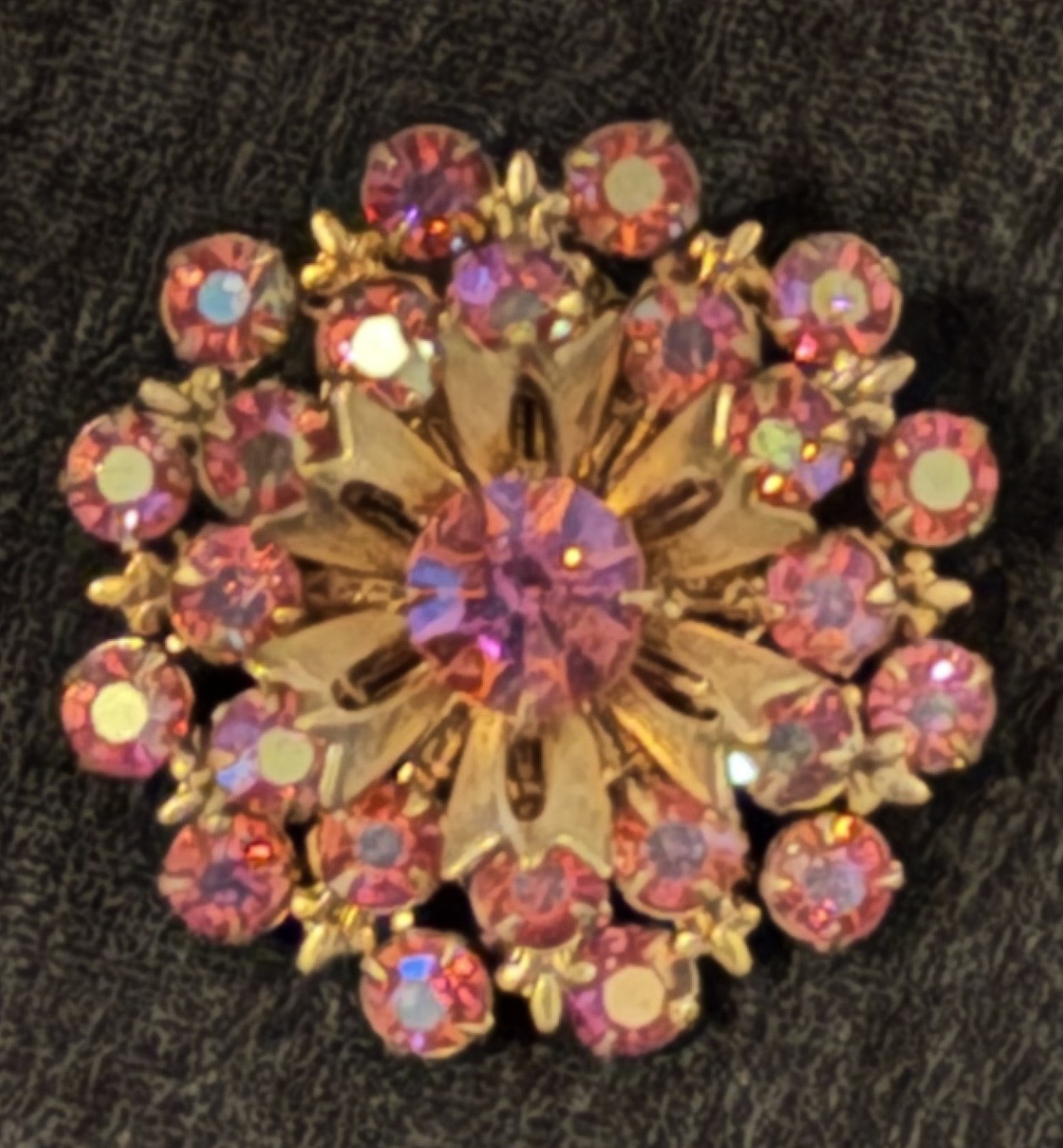 1950s – 1960s Pink Aurora Borealis multi-layered Vintage Rhinestone Brooch