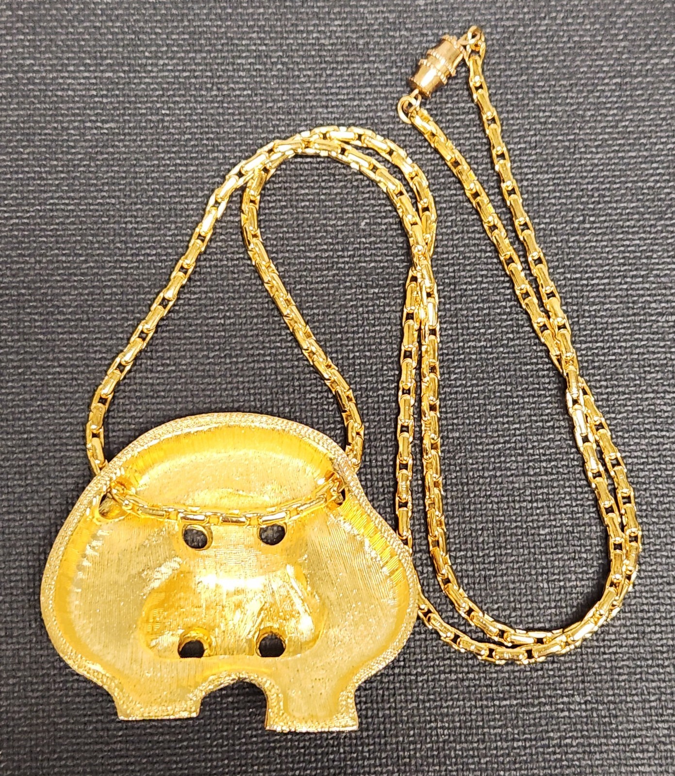 New Old Stock 1970’s Goldette Gold Plate Hippo Hippopotamus Pendant Necklace