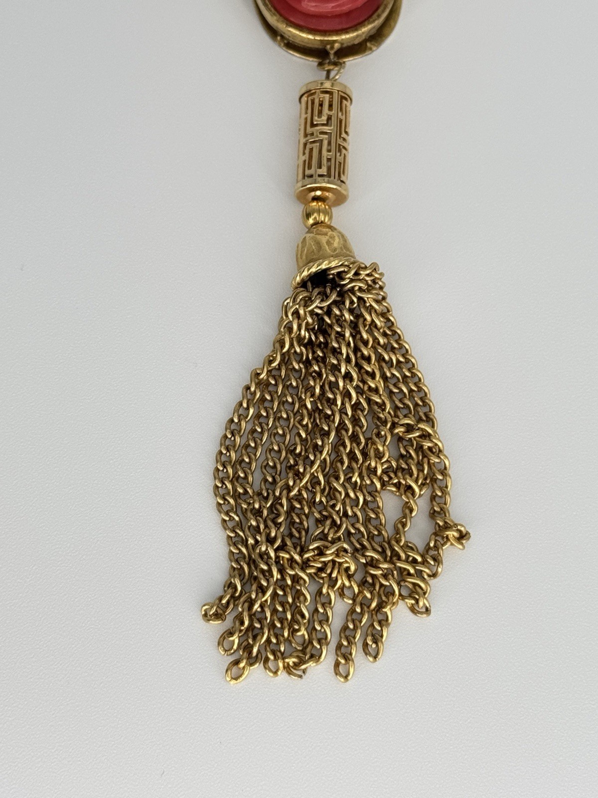 Vintage 1920s-1930s Art Deco Czech Faux Coral Cameo Brass Tassel Necklace