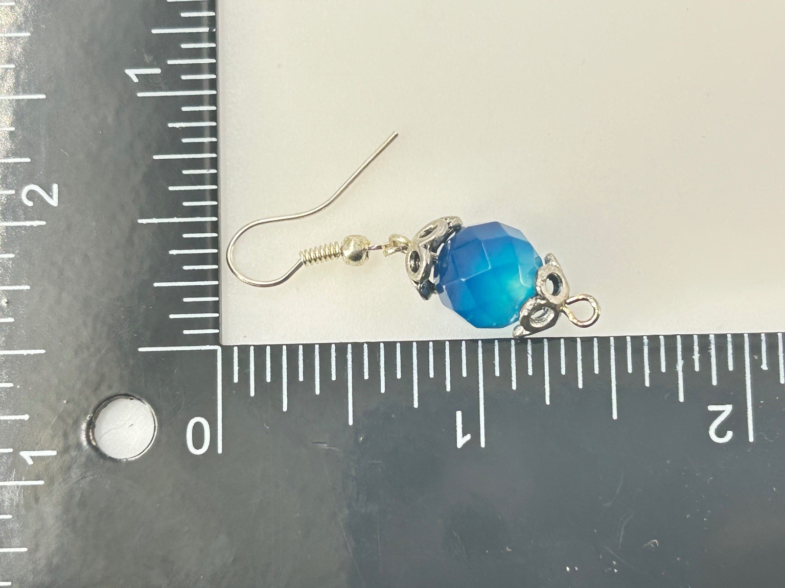 Handmade Dangle Drop Earrings Silver Tone 1.5″ Blue Agate Faceted Bead Ornate