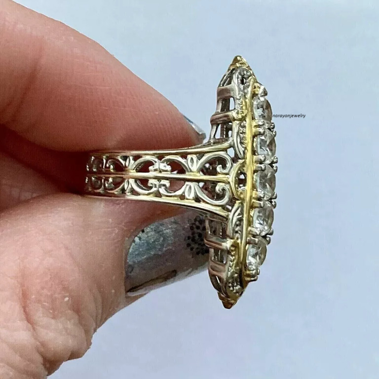 Navette Vintage 1.50Ct Round Cut Diamonds CZ Barr Ring 14K Two Tone Gold Finish