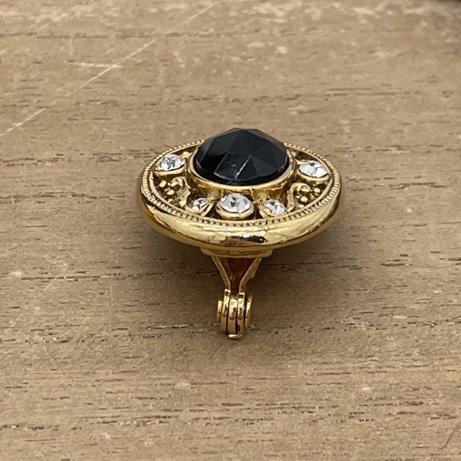 Vintage 1928 Company Gold-Tone Clip On Earrings With Black Gemstone & Rhinestone