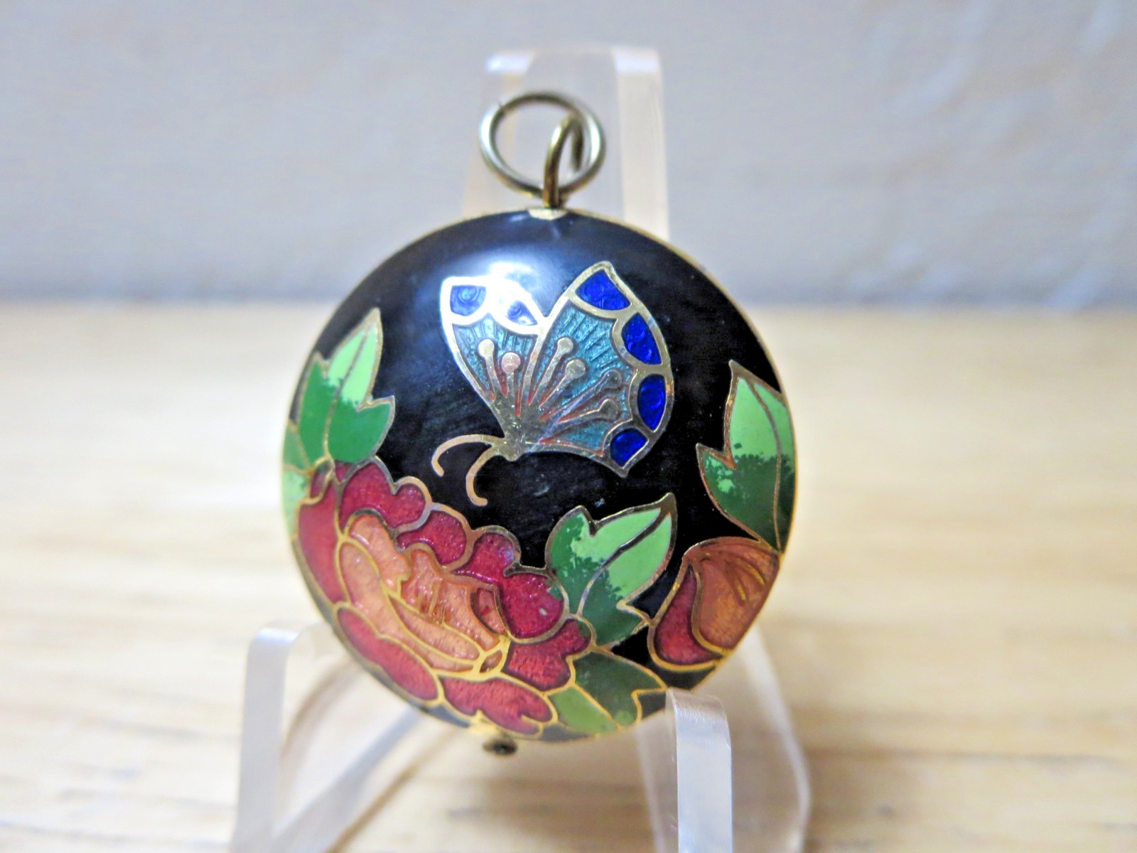 Vintage Cloisonne Flower & Butterfly Superb Pendants Gold Fill Lining Enamel GT