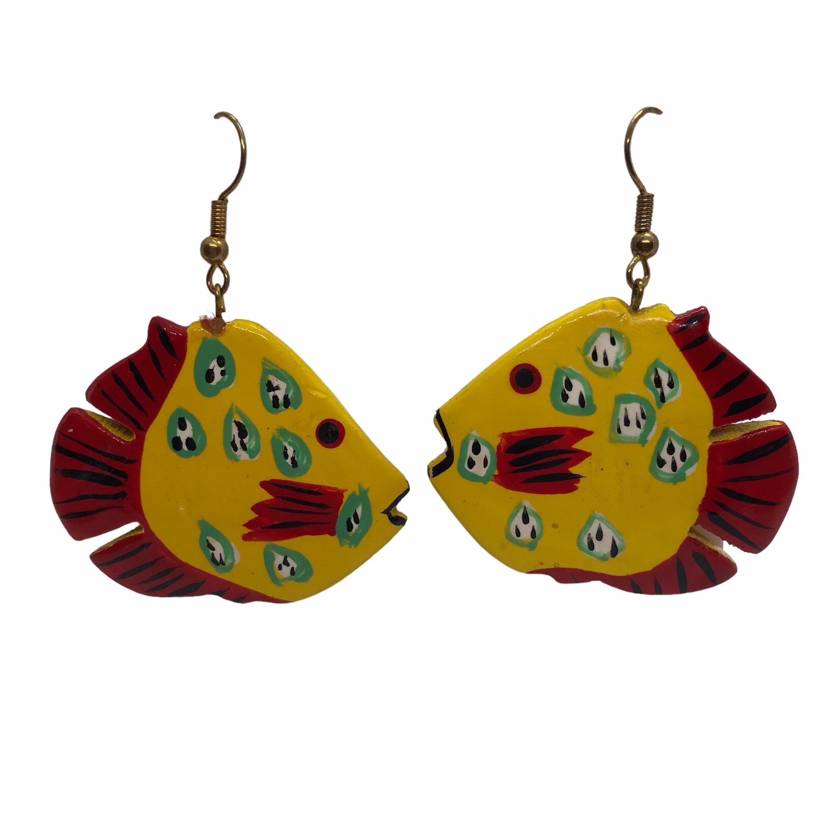 Tropical Fish Earrings Hand Painted Wood Island Coconut Girl Art Beach Vintage