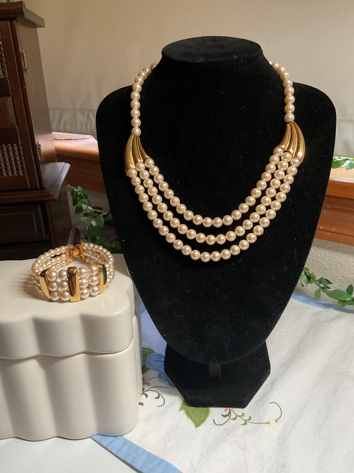 Napier faux pearl necklace with gold tone accents and bracelet