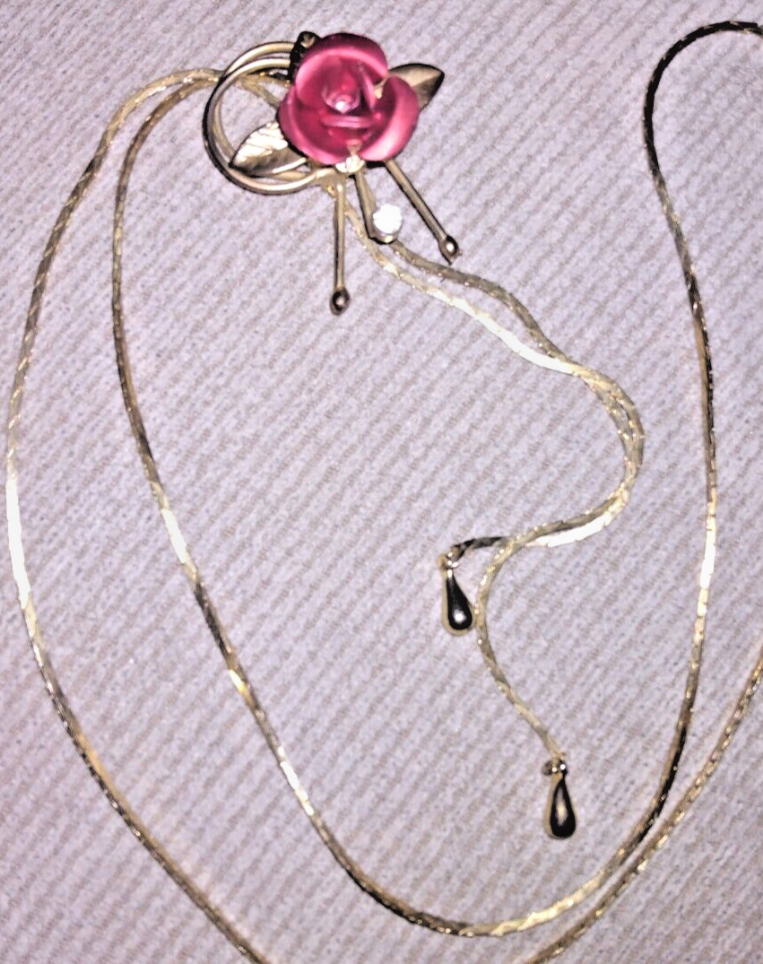 VINTAGE GOLD TONE? FILLED?PLATED? LARIAT NECKLACE RED ROSE SLIDE 60s ORIG ESTATE