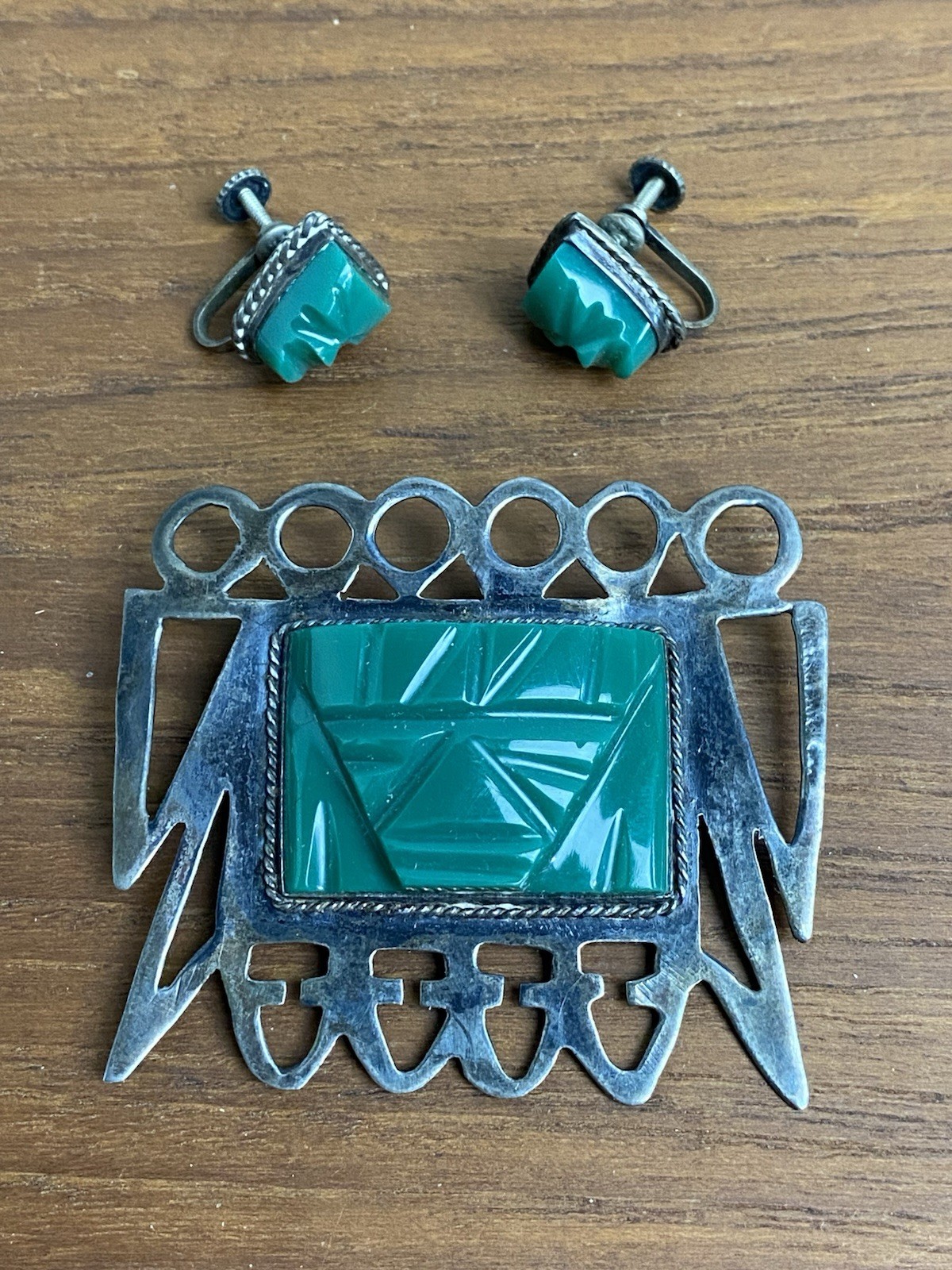 Vintage Mexican Sterling Silver Ornate Hand Carved Jade Brooch Earring Set 30g