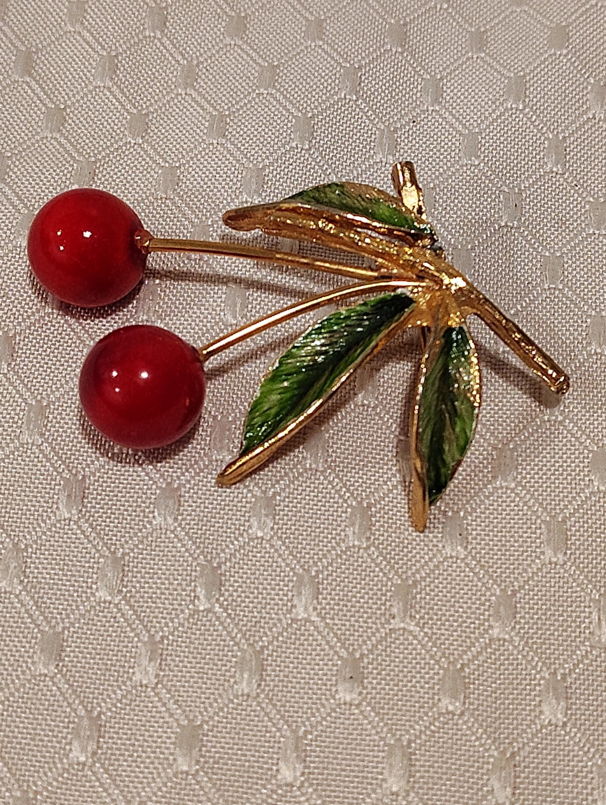 Vintage Enamel Cherry Berry Red Gold Green Leaves Branch Brooch Pin 2.5″ Long