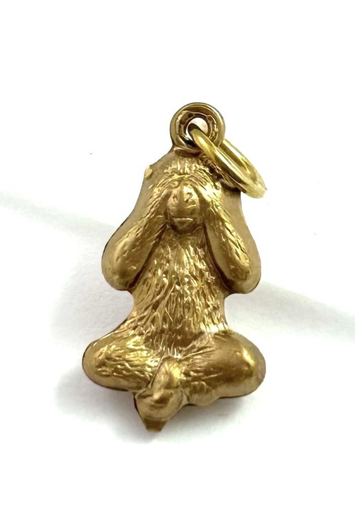 Vintage Charm See No Evil Monkey Necklace Pendant Puffy Brass Metal Jewelry