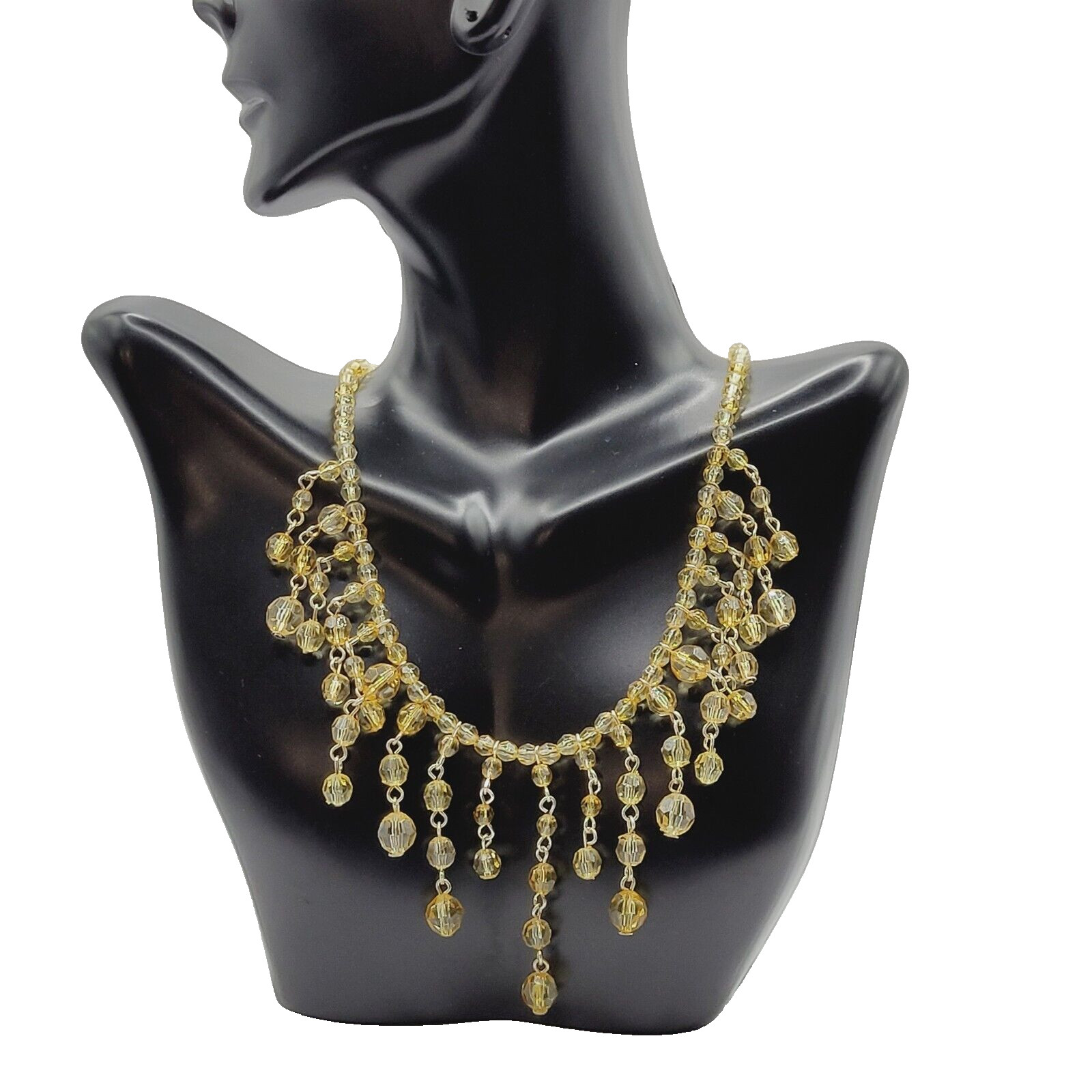 Fringe Bead Necklace Acrylic Light Gold Amber Champagne Fancy Costume Necklace