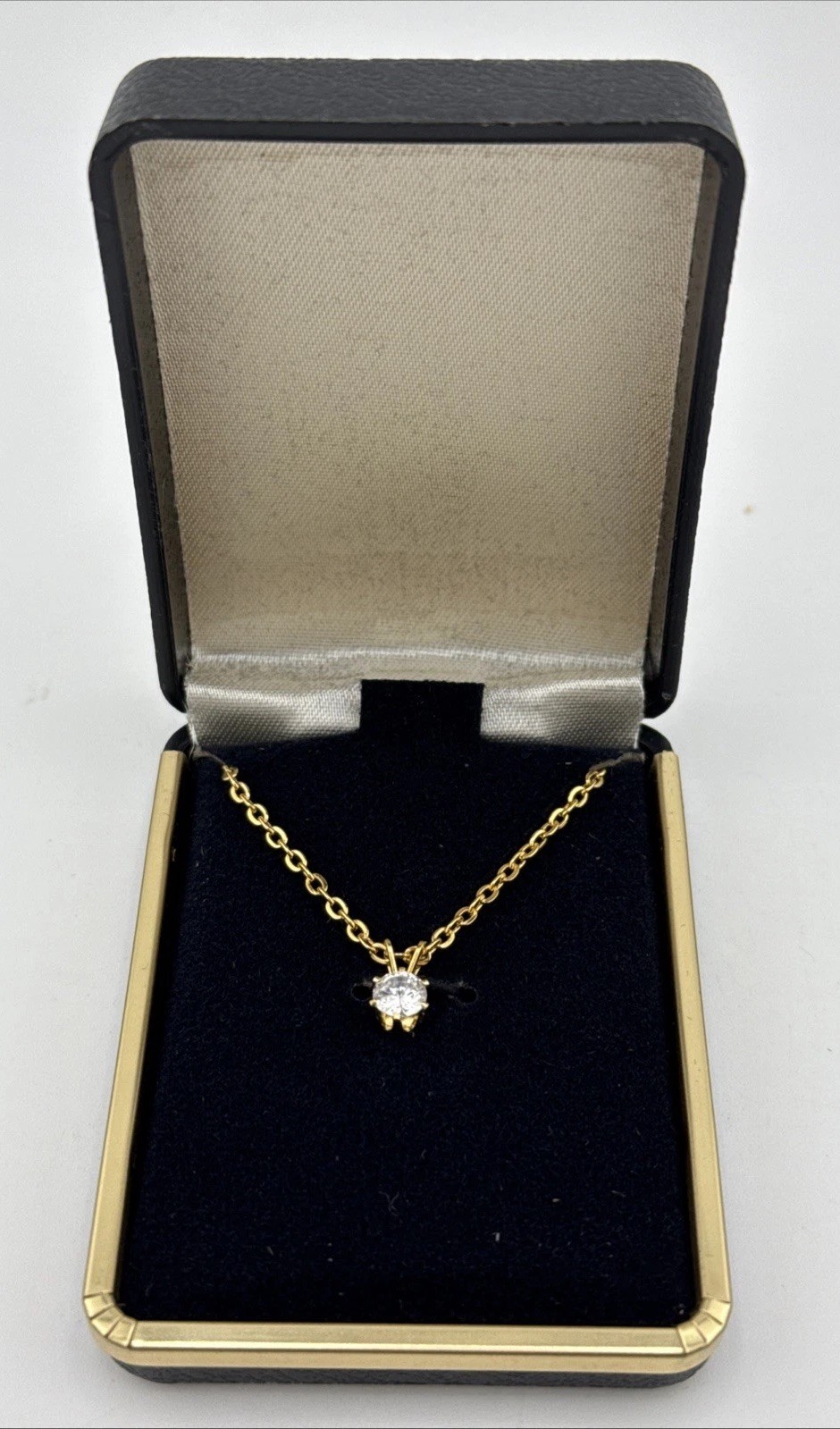 Yellow Gold Toned 5mm .75ct CZ Solitaire Pendant 16” Necklace NIB