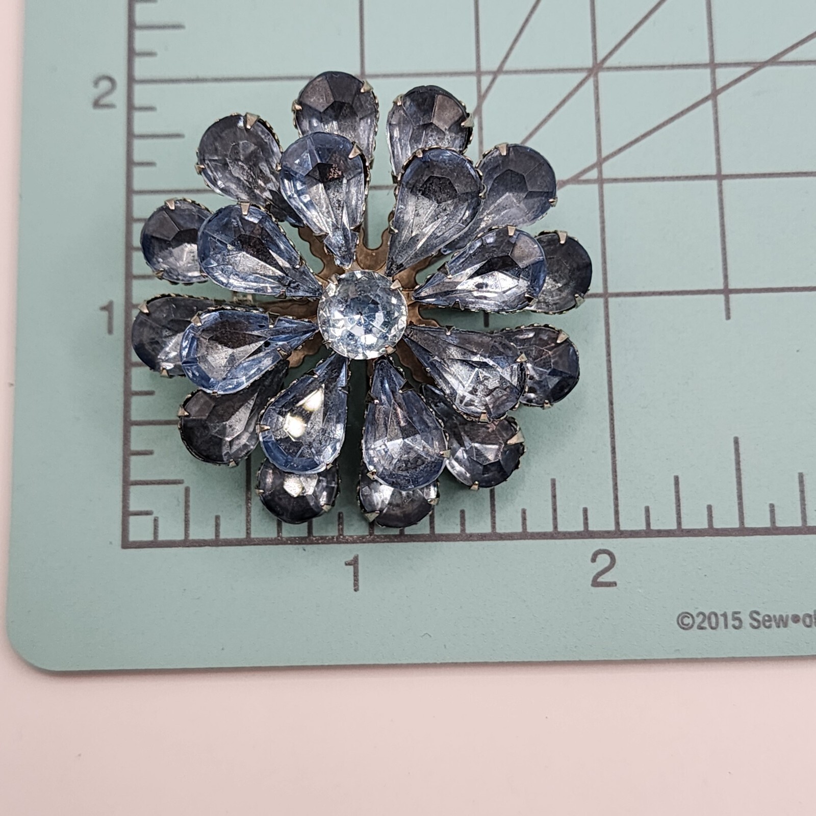 Vintage Rhinestone Brooch Light Blue Round Flower