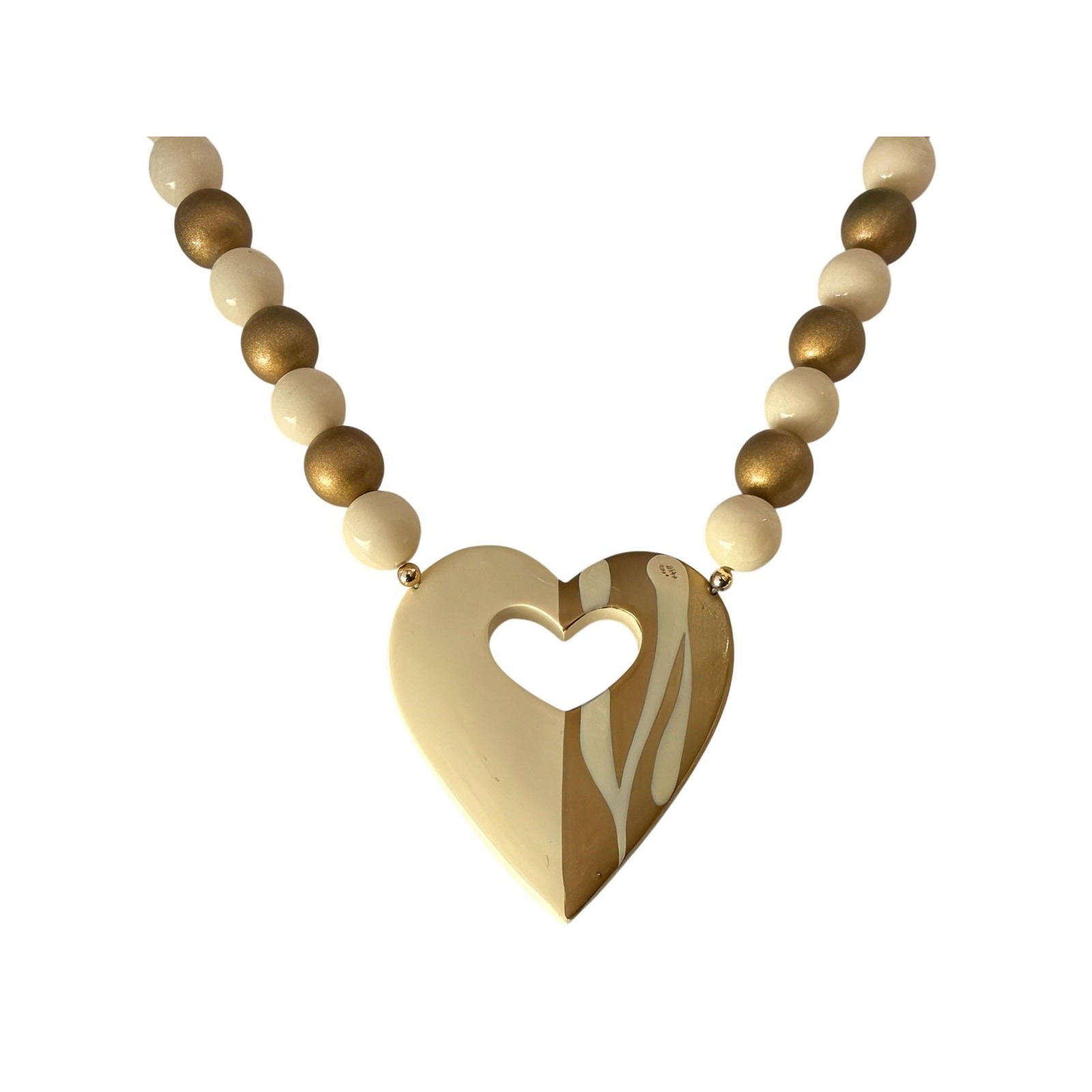 Gold Heart Statement Necklace, Cream Bead Chunky Jewelry, Gift for Her