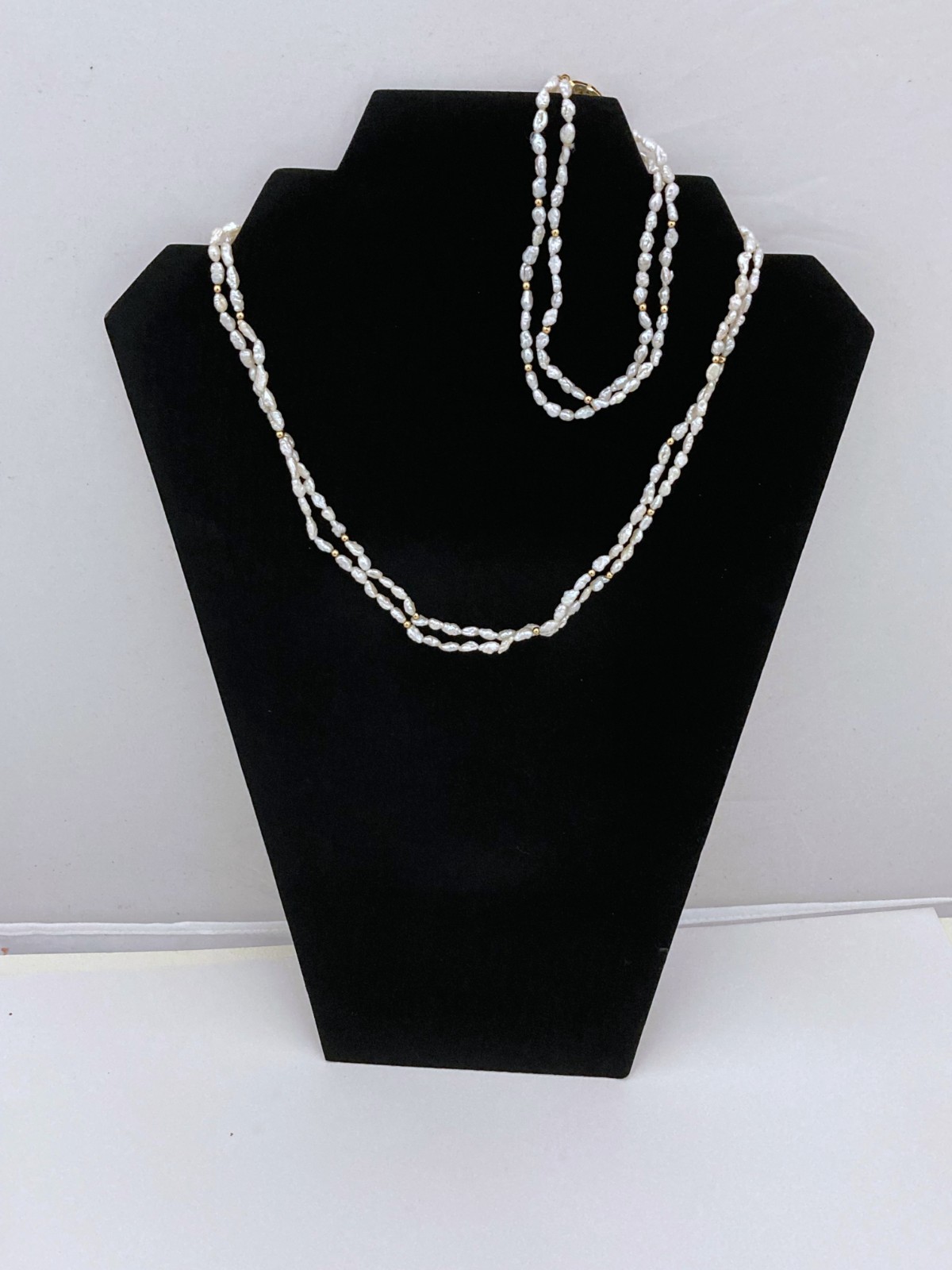 Vintage Fresh Water Rice Pearl Necklace & Bracelet, 14K Gold beads, 925 Clasps