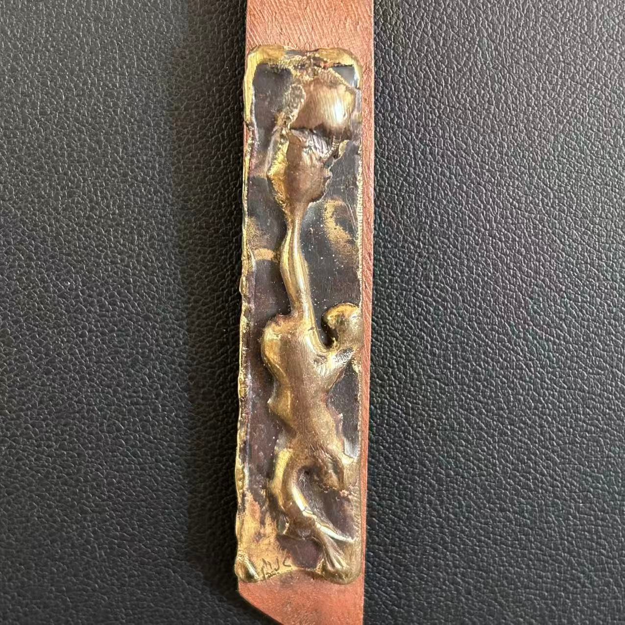 Vintage Signed MJC Brutalist Modernist Abstract Pendant Necklace Bronze Tone