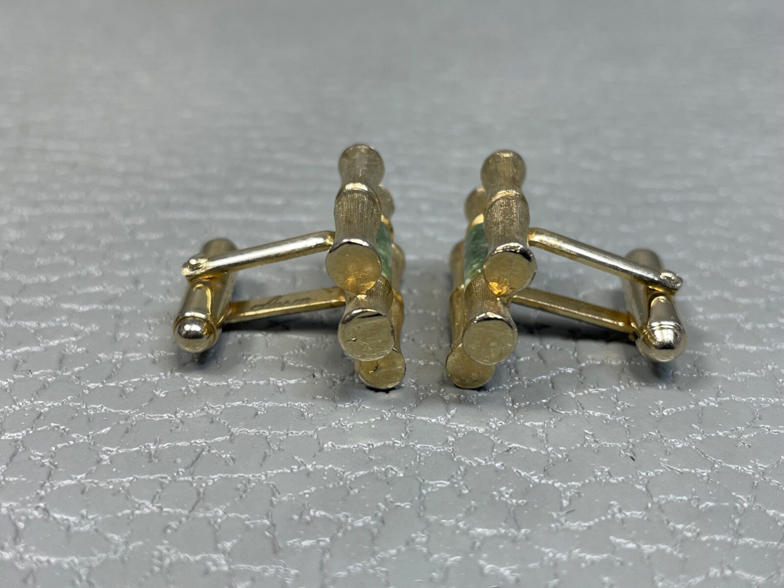Vintage Jade Bamboo Yellow Gold Plated Cuff Links