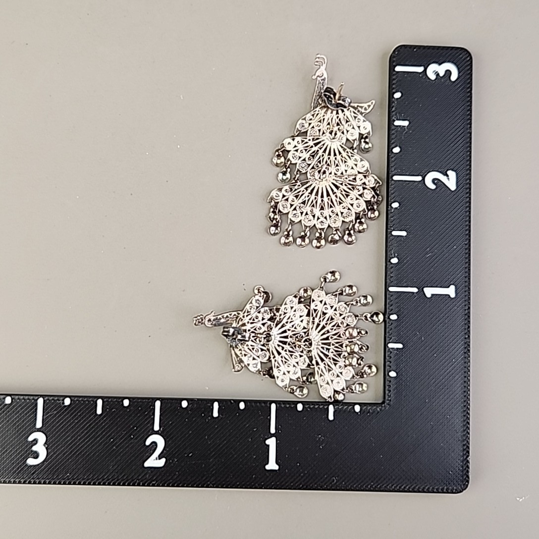 Vintage Sterling Silver Peacock Earrings Cannetille Filigree Articulated Dangles