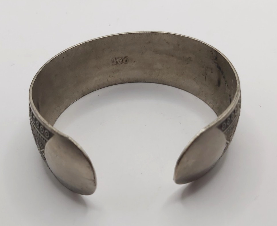 Vintage Ethnic Silver Tone Cuff Bracelet Boho Floral Geometric Stamped Wide Bang