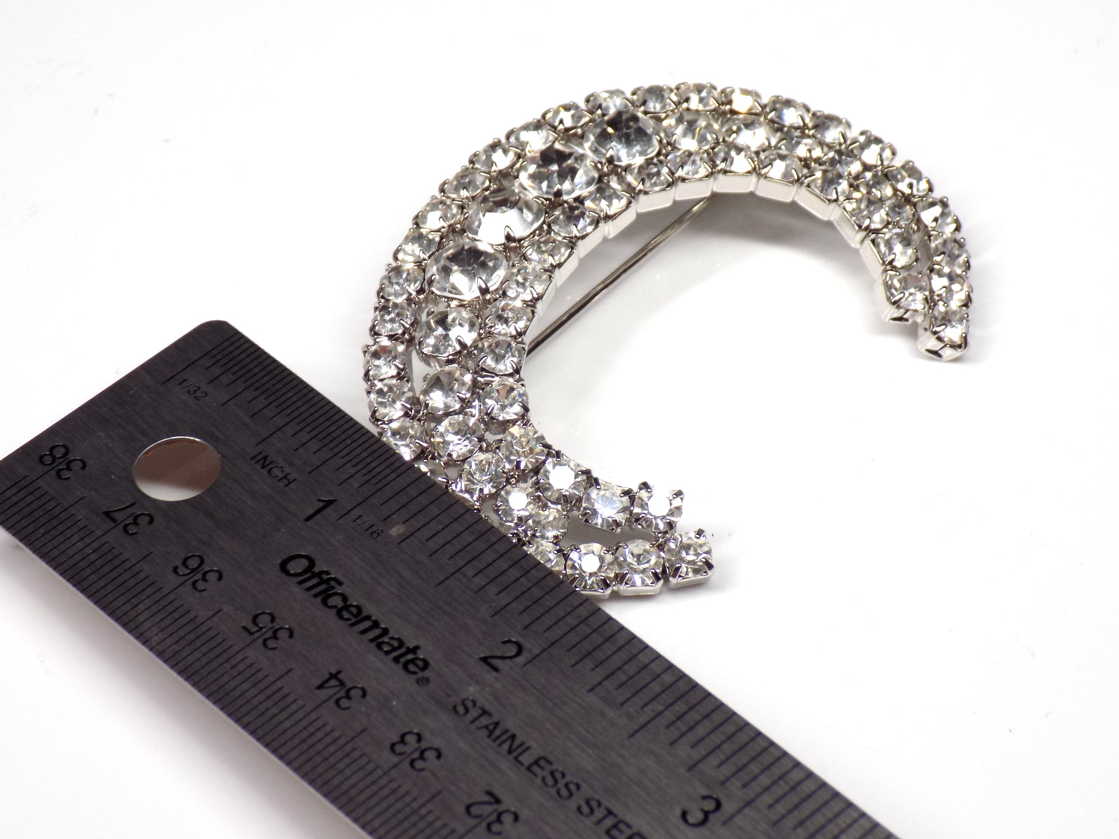 Vintage Big Rhinestone Brooch White Colorless Stones Silver-tone Crescent Moon