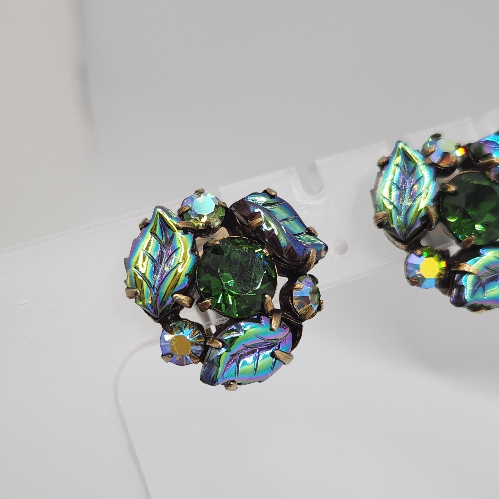 Vintage Regency Unsigned Green Rhinestone AB Molded Glass Leaf Clip On Earrings