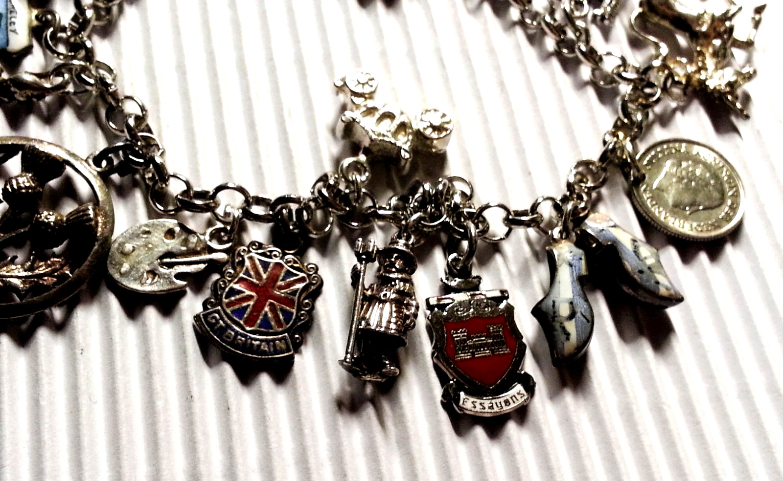 International Travel Sterling Silver Charm Bracelet & 16 Charms, 925-800 Silver