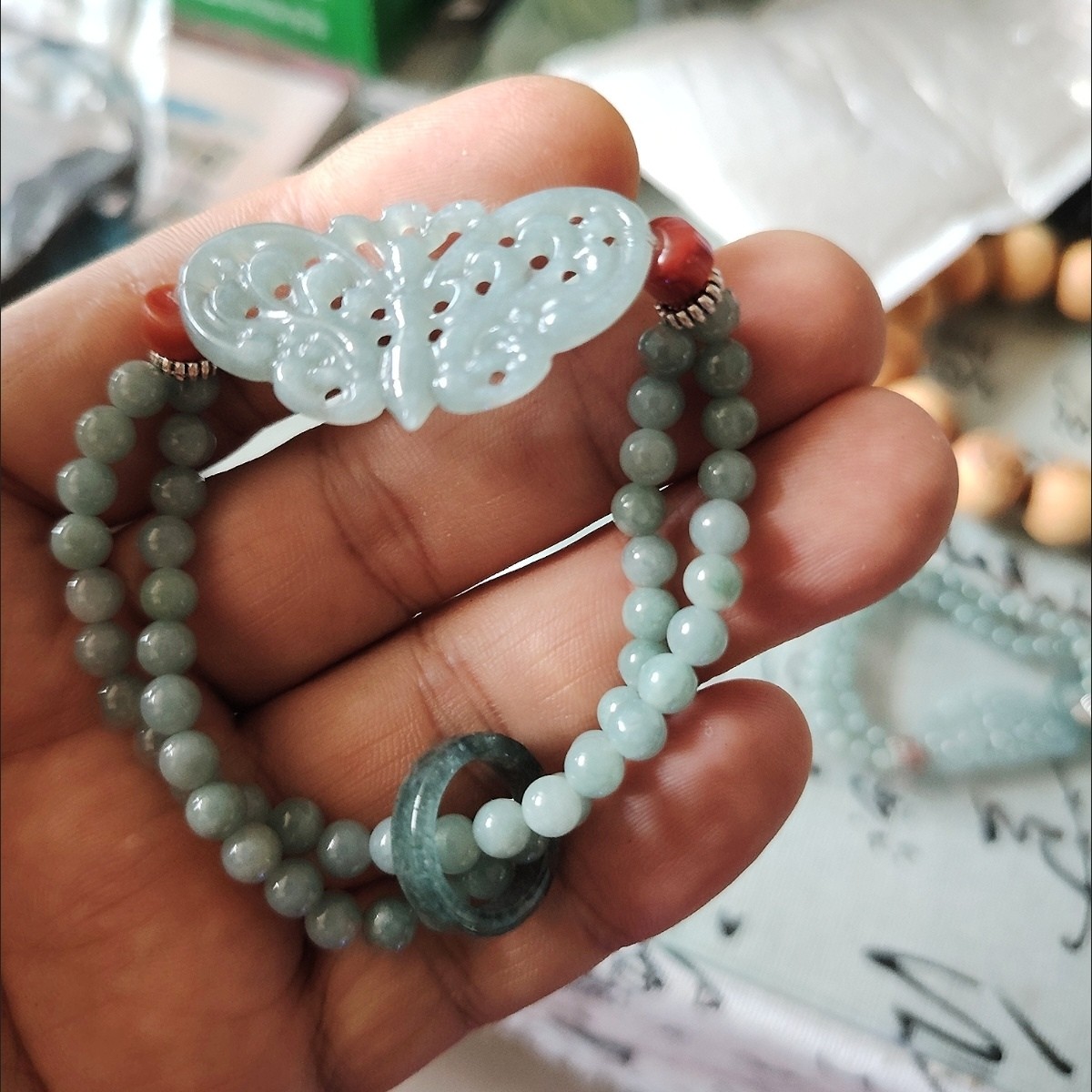 Natural A Jade Blue Water Butterfly Bracelet Chinese Style Hand Carved Jewelry