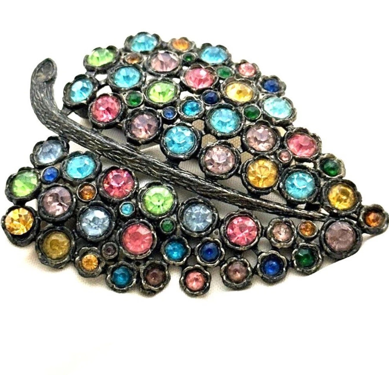 Little Nemo Leaf Brooch L/N Signed Colorful Rhinestone Pot Metal